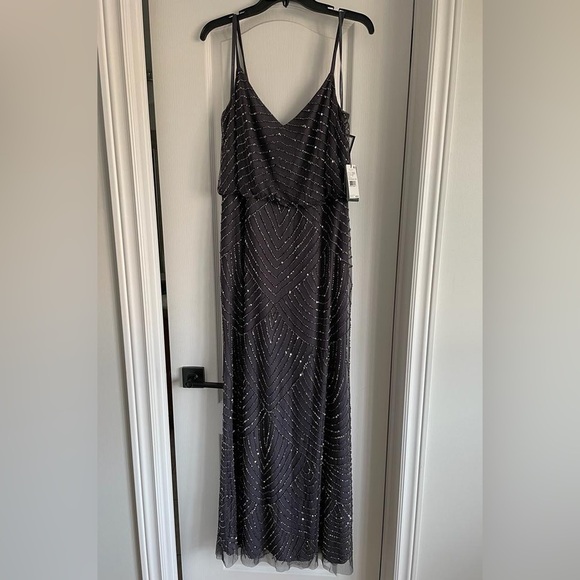 Nwt Adrianna Papell Spaghetti Strap Beaded Blouson Ball Gown in Gunmetal - Picture 6 of 15